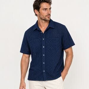 MR TURK Men's Navy Eyelet knit Camp Collar Shirt short sleeve size XL